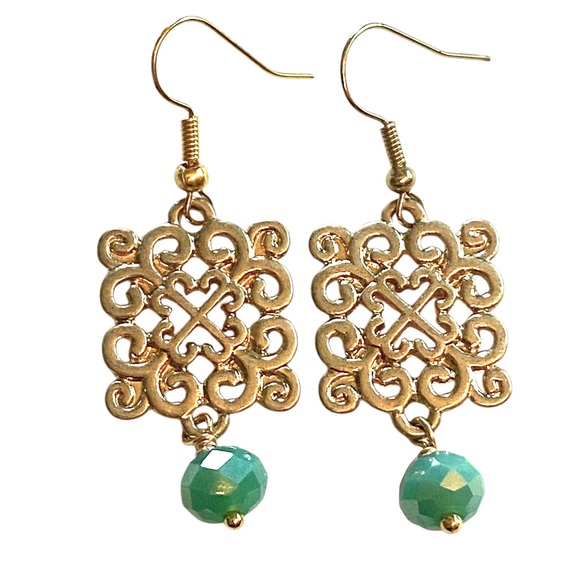 Medallion Gold Teal Dangle Earrings - Picture 1 of 2